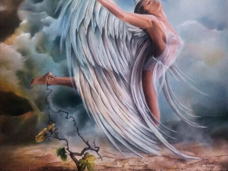 NIE ODCHODŹ - 2022r. Autor: Małgorzata Greguła. Obraz olejny. Surrealizm, symbolizm, Wym: 60x70cm